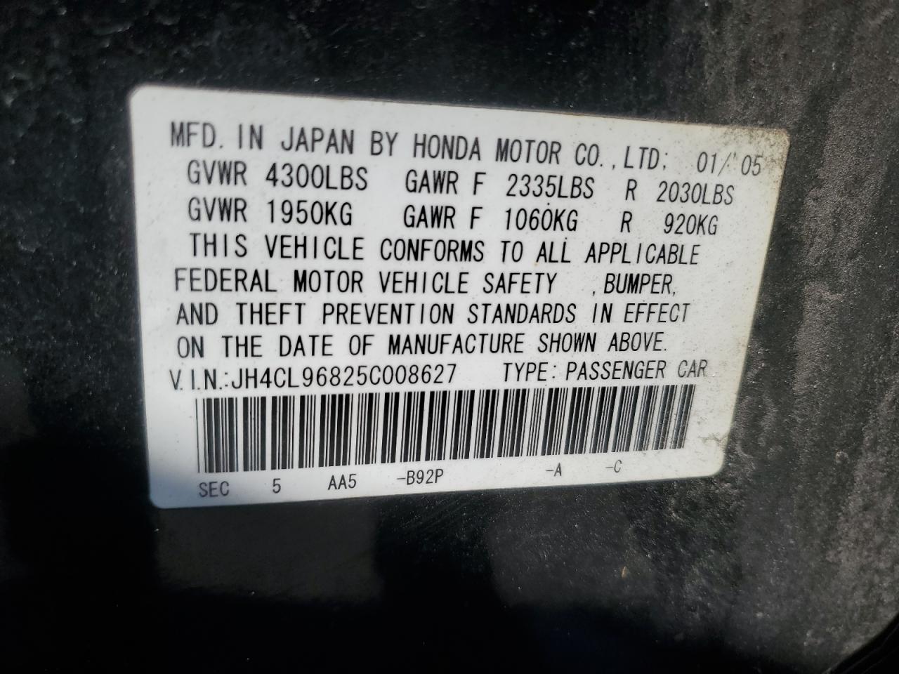 2005 Acura Tsx VIN: JH4CL96825C008627 Lot: 70119935
