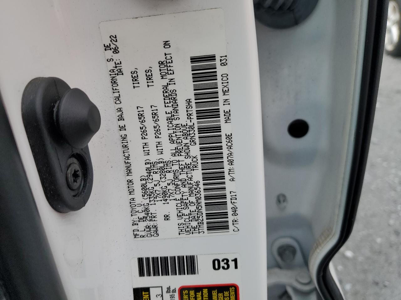 2022 Toyota Tacoma Double Cab VIN: 3TMBZ5DN5NM036546 Lot: 70096855