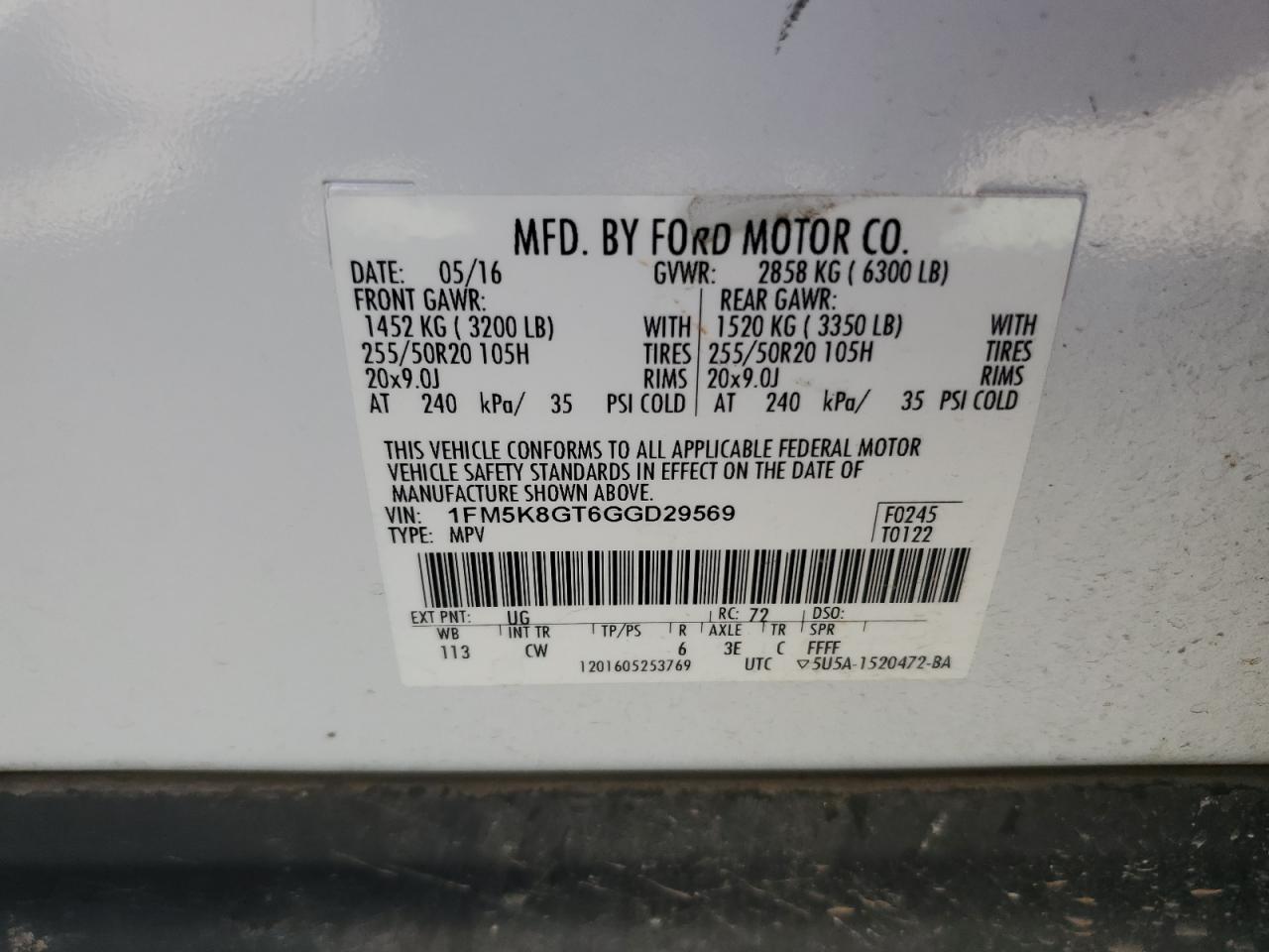 2016 Ford Explorer Sport VIN: 1FM5K8GT6GGD29569 Lot: 70166385