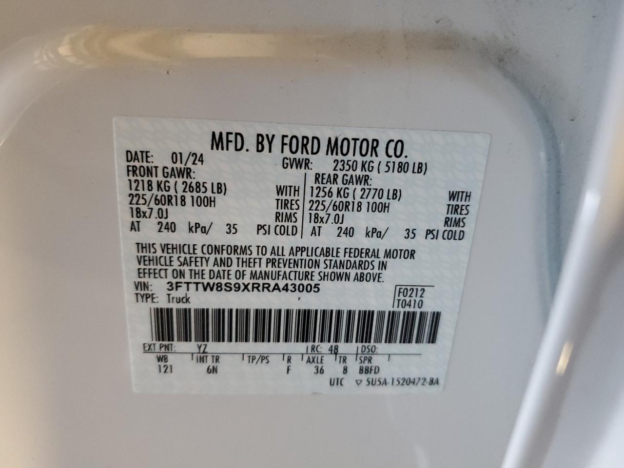 2024 Ford Maverick Lariat VIN: 3FTTW8S9XRRA43005 Lot: 69586815