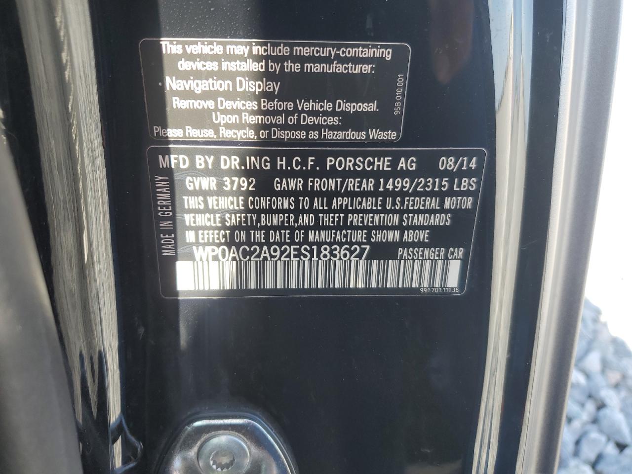 2014 Porsche 911 Gt3 VIN: WP0AC2A92ES183627 Lot: 70787335