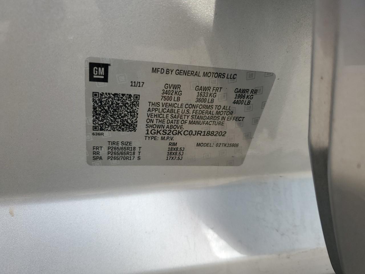 2018 GMC Yukon Xl K1500 Slt VIN: 1GKS2GKC0JR188202 Lot: 67413035