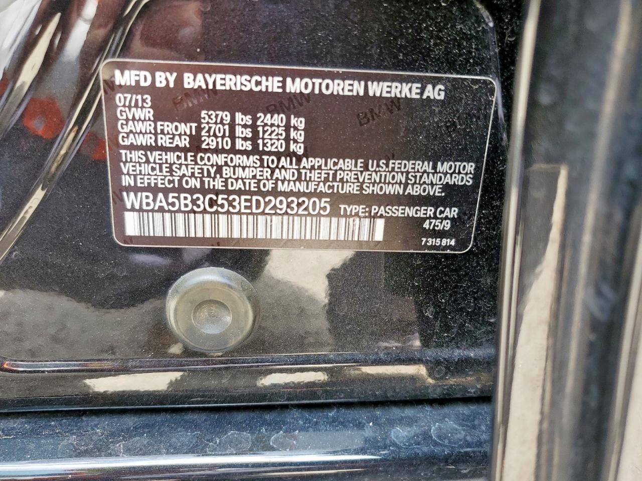 2014 BMW 535 Xi VIN: WBA5B3C53ED293205 Lot: 69275855