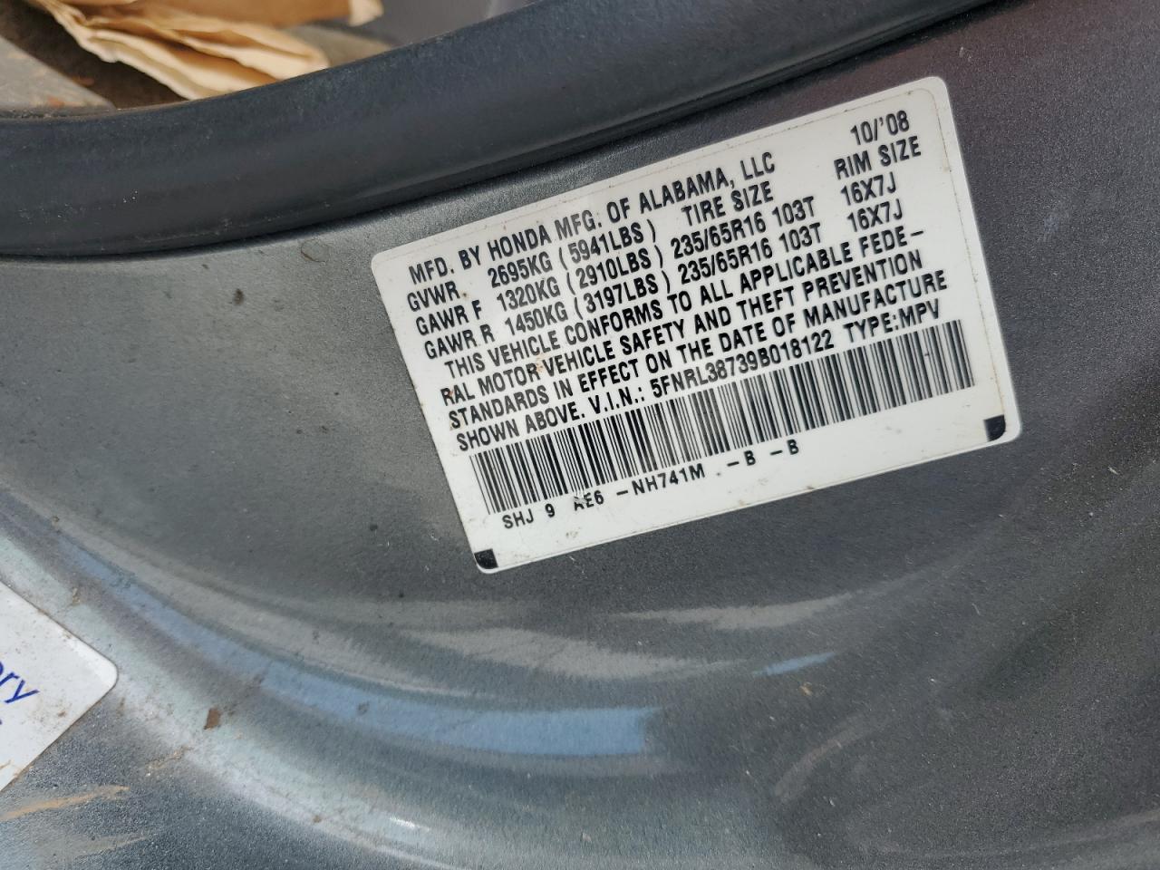 2009 Honda Odyssey Exl VIN: 5FNRL38739B018122 Lot: 70108105