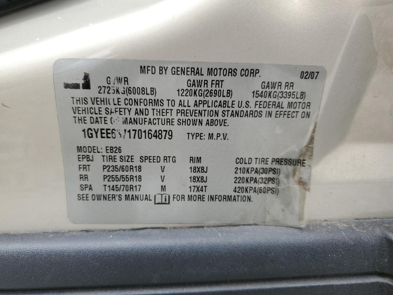 2007 Cadillac Srx VIN: 1GYEE637170164879 Lot: 67575535