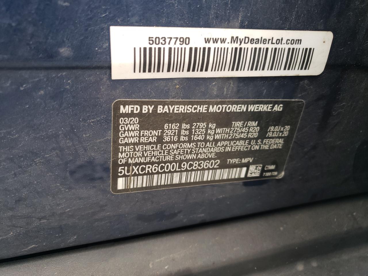 2020 BMW X5 xDrive40I VIN: 5UXCR6C00L9C83602 Lot: 68011315