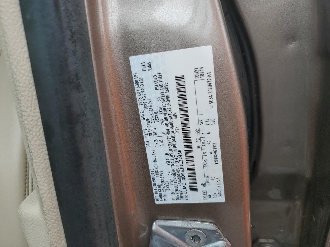 2018 Lincoln Mkc Reserve VIN: 5LMCJ3D96JUL22486 Lot: 69229445