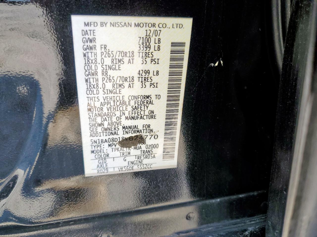 2008 Nissan Armada Se VIN: 5N1BA08D18N624770 Lot: 67390135