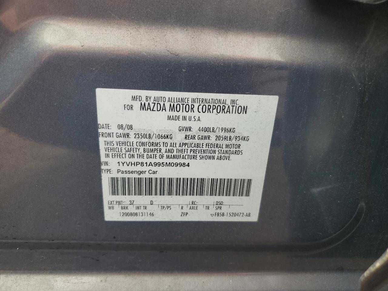 2009 Mazda 6 I VIN: 1YVHP81A995M09984 Lot: 68376475