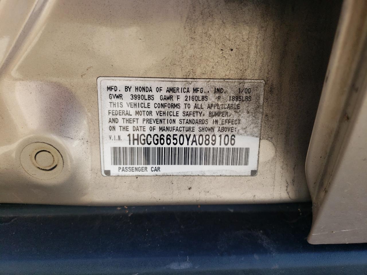 2000 Honda Accord Lx VIN: 1HGCG6650YA089106 Lot: 69727335