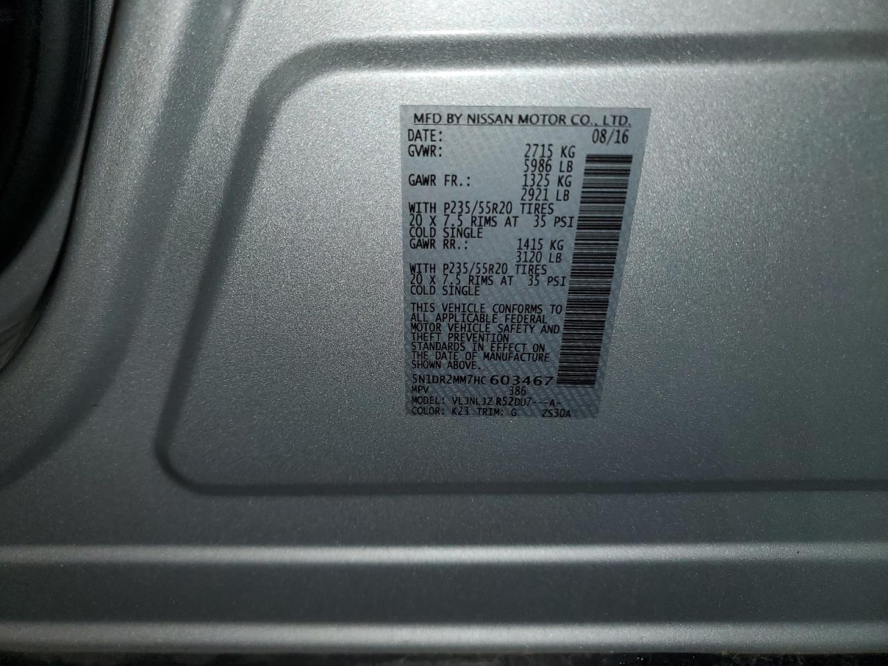 2017 Nissan Pathfinder S VIN: 5N1DR2MM7HC603467 Lot: 68840235