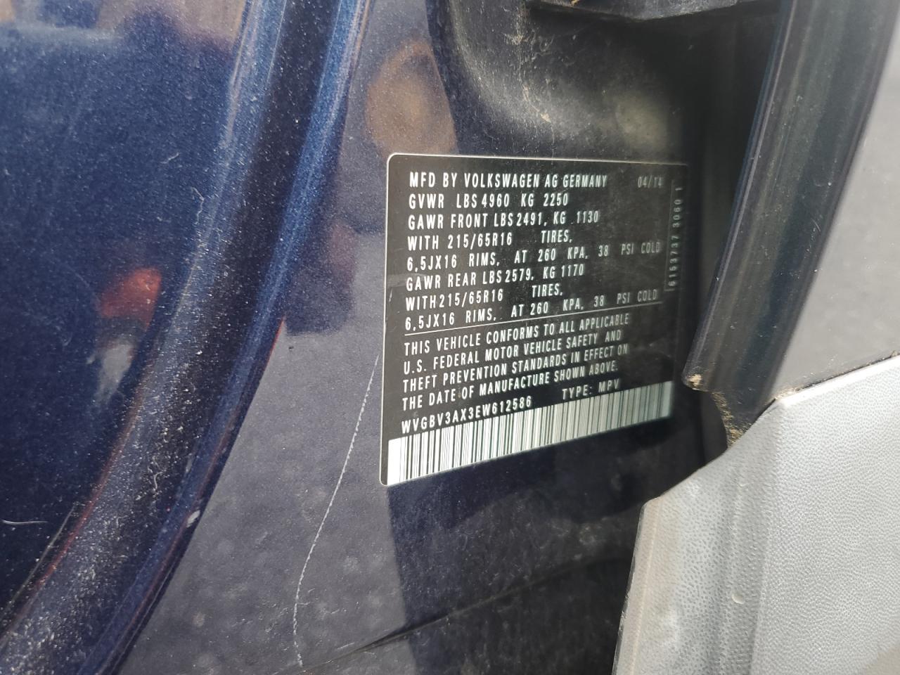 2014 Volkswagen Tiguan S VIN: WVGBV3AX3EW612586 Lot: 69946625