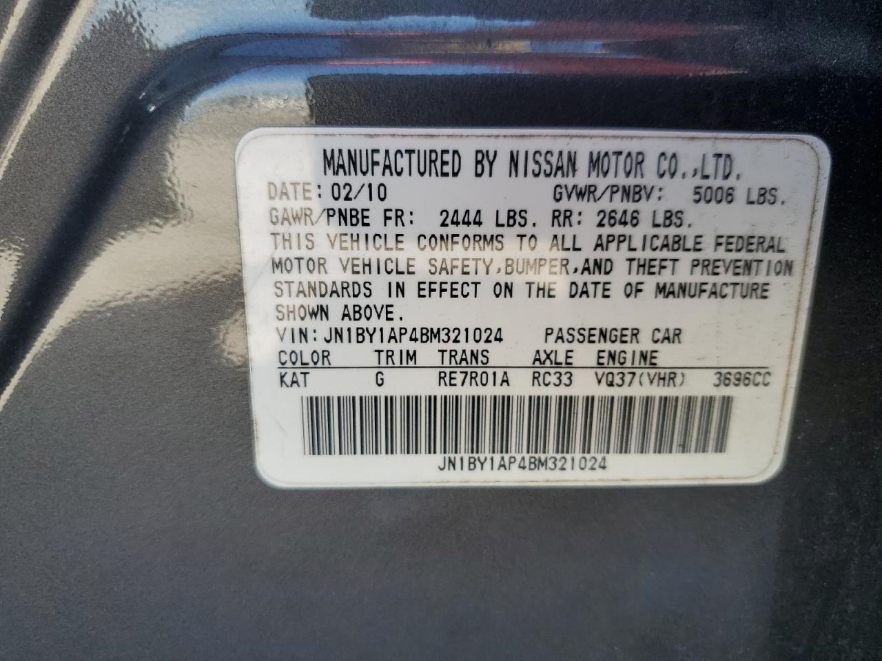 2011 Infiniti M37 VIN: JN1BY1AP4BM321024 Lot: 70159955