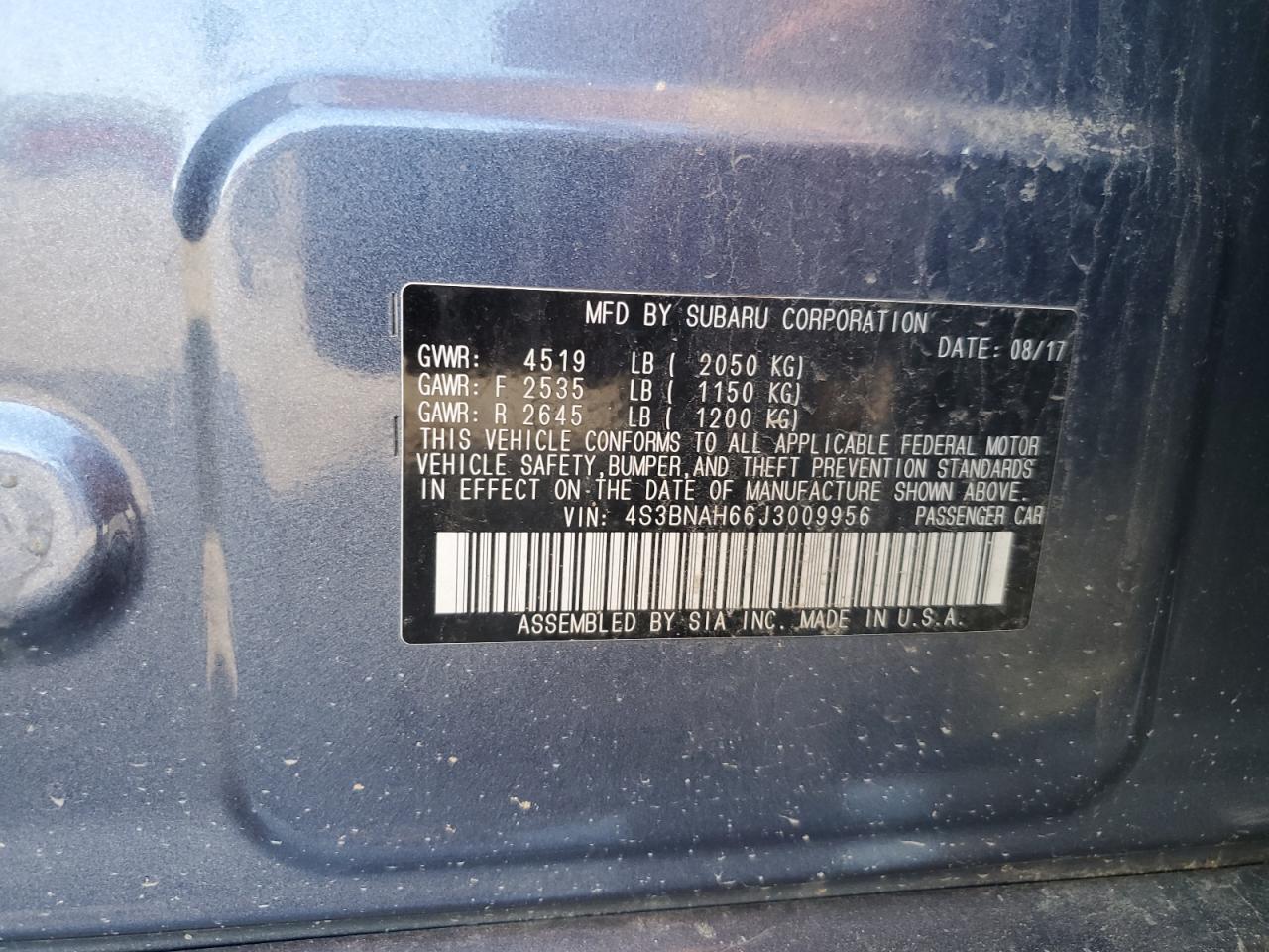 2018 Subaru Legacy 2.5I Premium VIN: 4S3BNAH66J3009956 Lot: 68920315