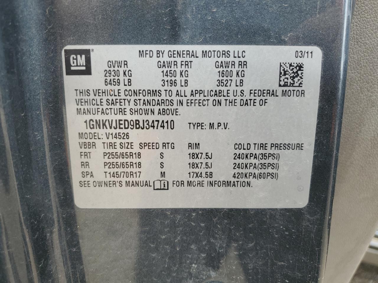 2011 Chevrolet Traverse Lt VIN: 1GNKVJED9BJ347410 Lot: 70548165