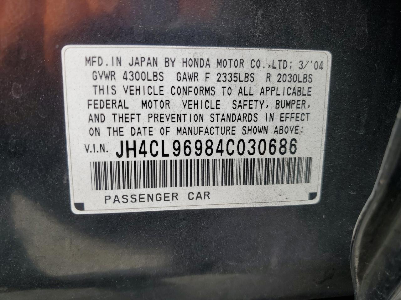 2004 Acura Tsx VIN: JH4CL96984C030686 Lot: 69695525