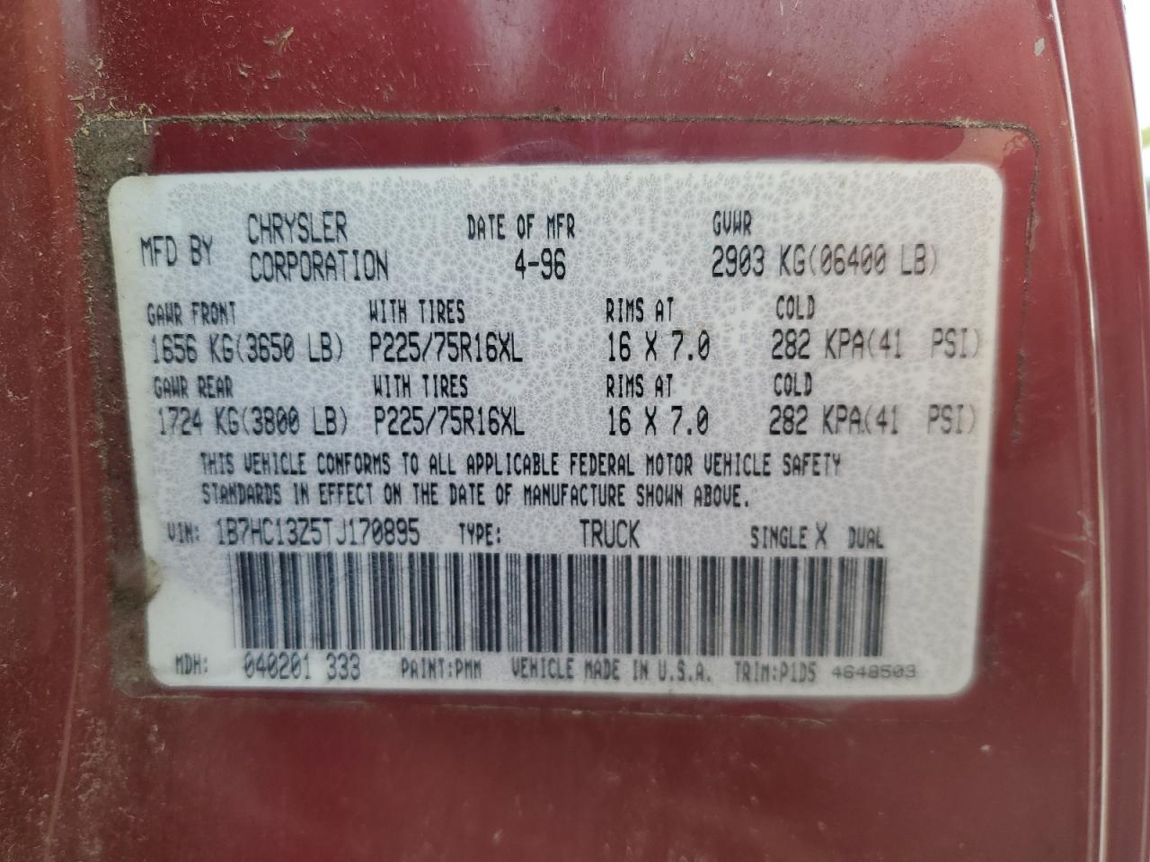 1996 Dodge Ram 1500 VIN: 1B7HC13Z5TJ170895 Lot: 70869055