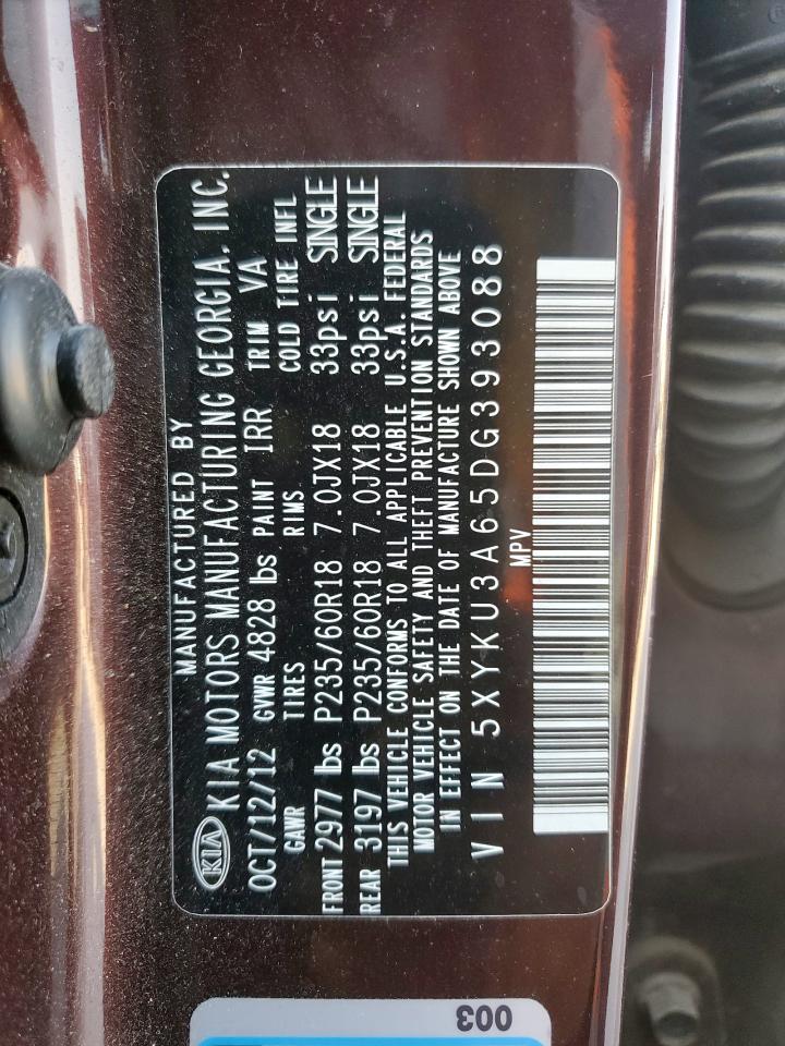 2013 Kia Sorento Ex VIN: 5XYKU3A65DG393088 Lot: 67185005