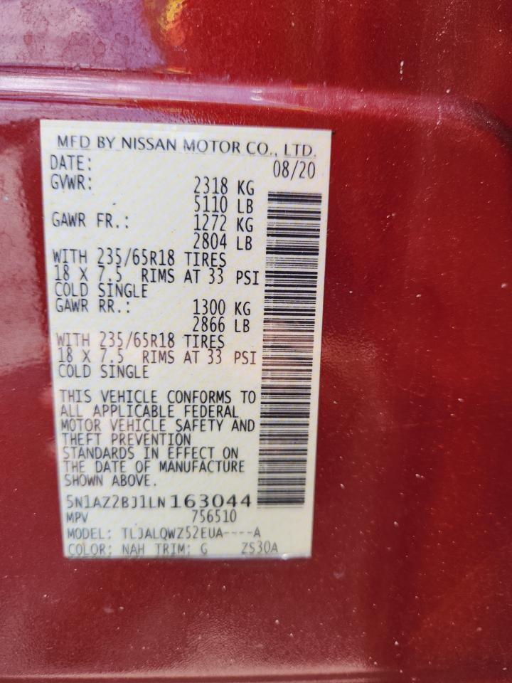 2020 Nissan Murano Sv VIN: 5N1AZ2BJ1LN163044 Lot: 70195315