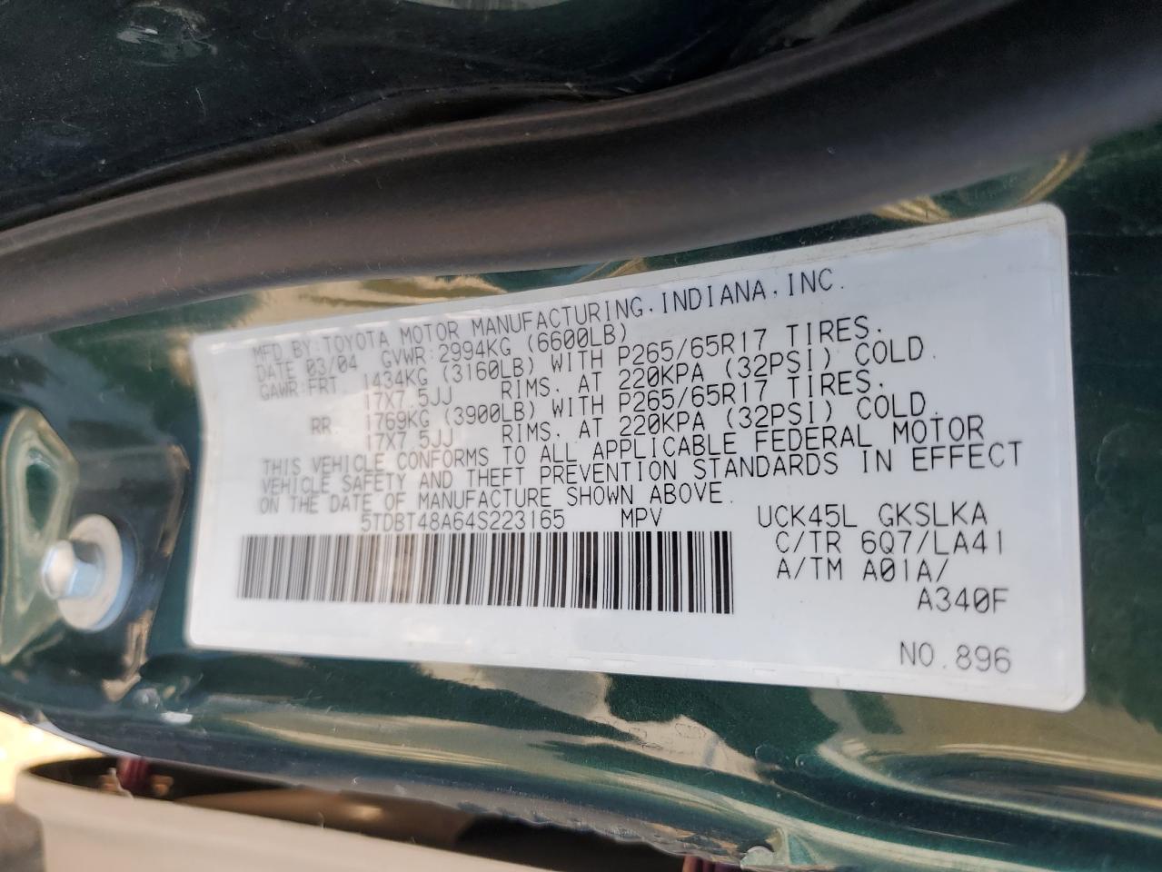 2004 Toyota Sequoia Limited VIN: 5TDBT48A64S223165 Lot: 68045325