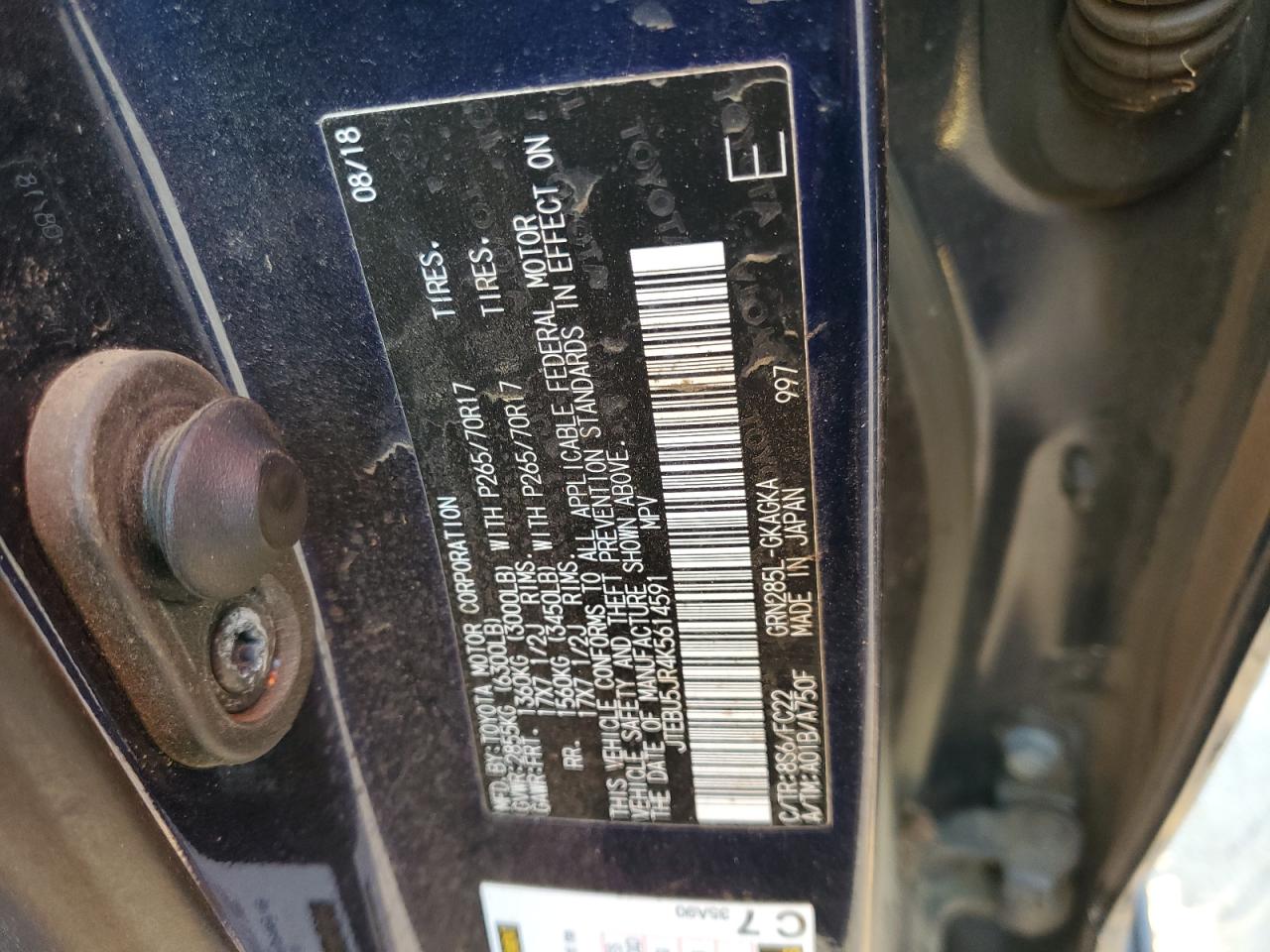 2019 Toyota 4Runner Sr5/Sr5 Premium VIN: JTEBU5JR4K5614591 Lot: 68356065