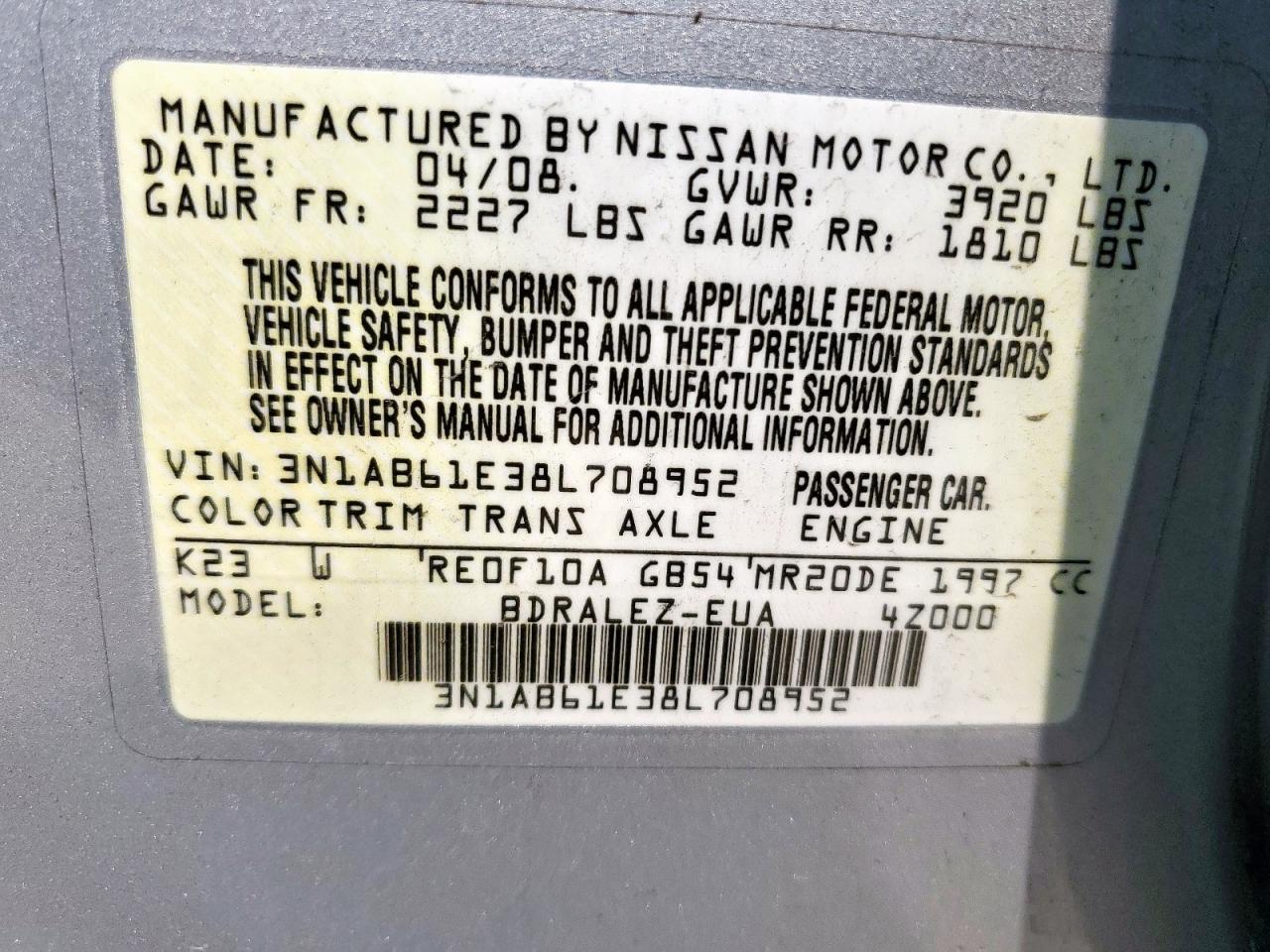 2008 Nissan Sentra 2.0 VIN: 3N1AB61E38L708952 Lot: 70534685