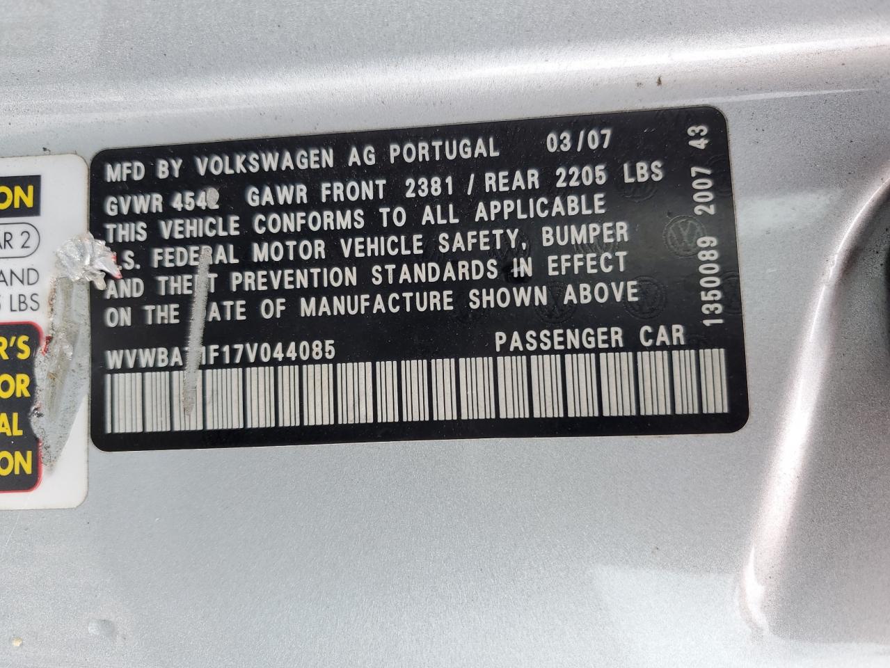 2007 Volkswagen Eos 2.0T VIN: WVWBA71F17V044085 Lot: 70508945