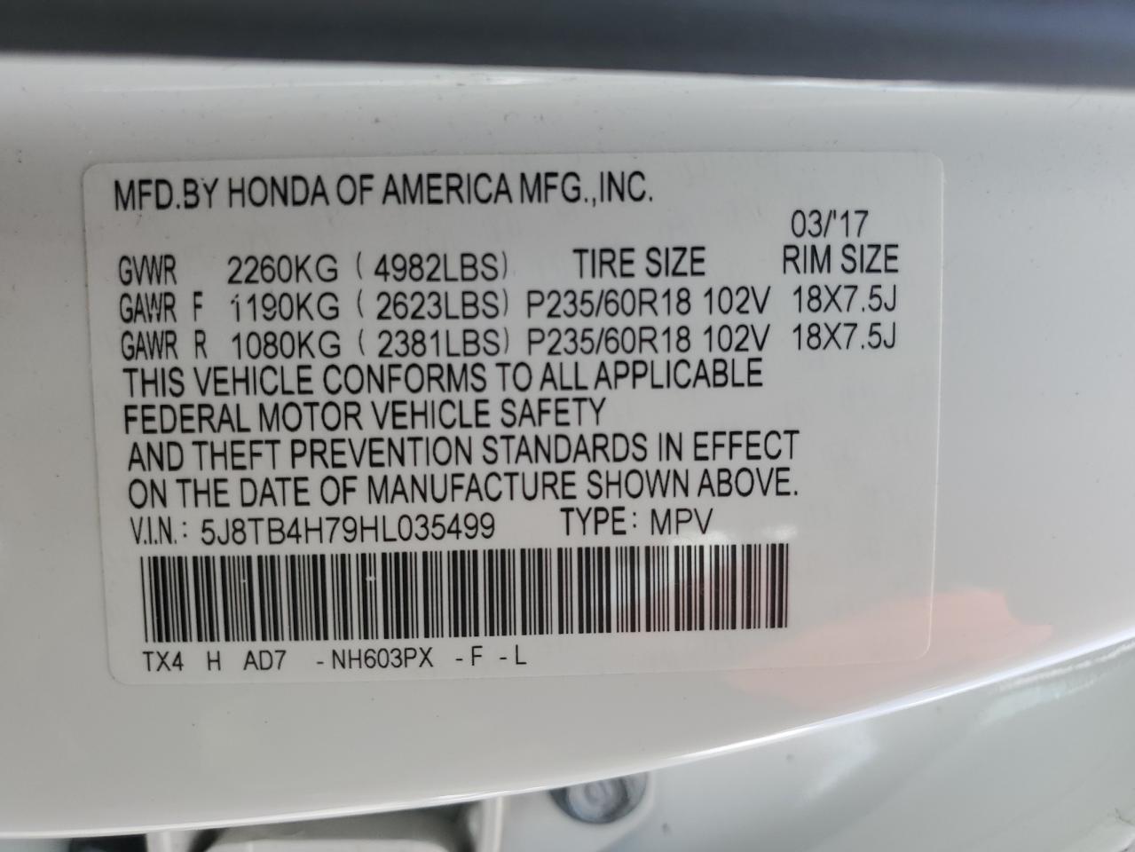 2017 Acura Rdx Advance VIN: 5J8TB4H79HL035499 Lot: 69066465