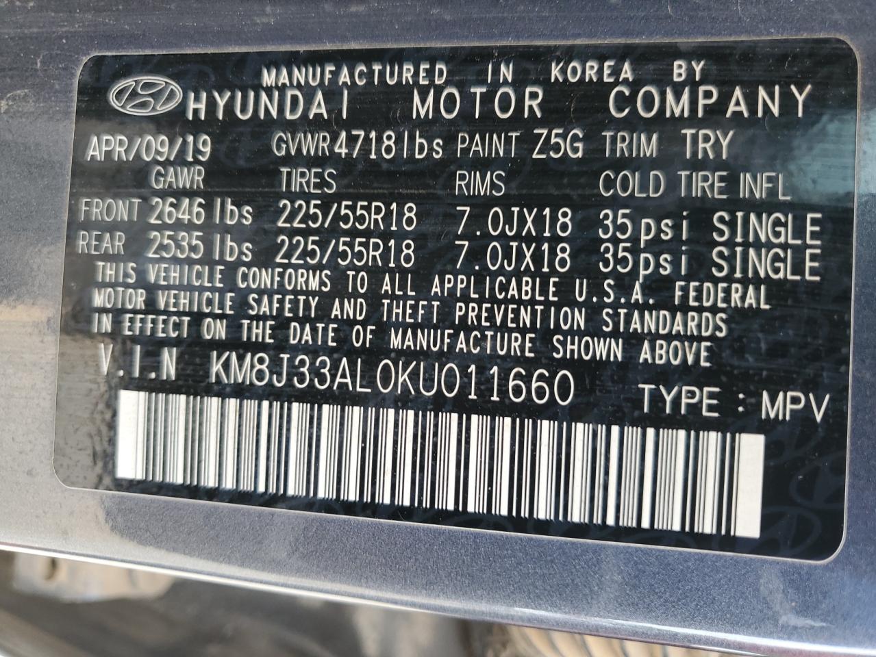 2019 Hyundai Tucson Limited VIN: KM8J33AL0KU011660 Lot: 68346825