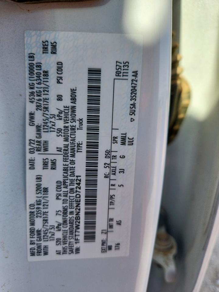 2022 Ford F250 Super Duty VIN: 1FT7W2BN2NED72421 Lot: 70113895