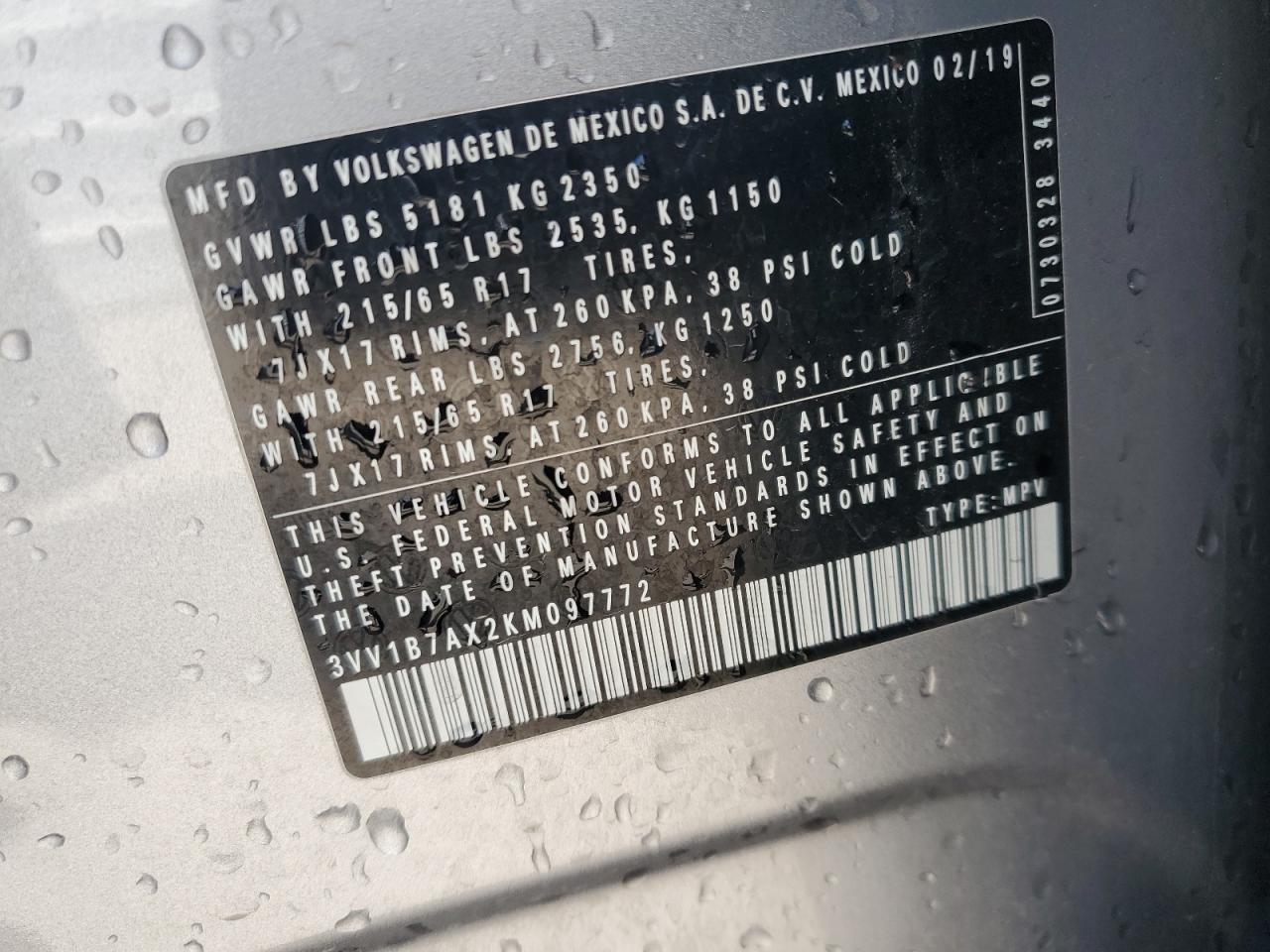 2019 Volkswagen Tiguan S VIN: 3VV1B7AX2KM097772 Lot: 68099285