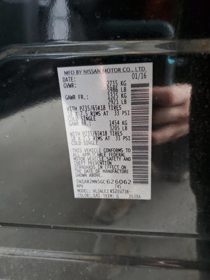 2016 Nissan Pathfinder S VIN: 5N1AR2MN5GC626062 Lot: 66903185