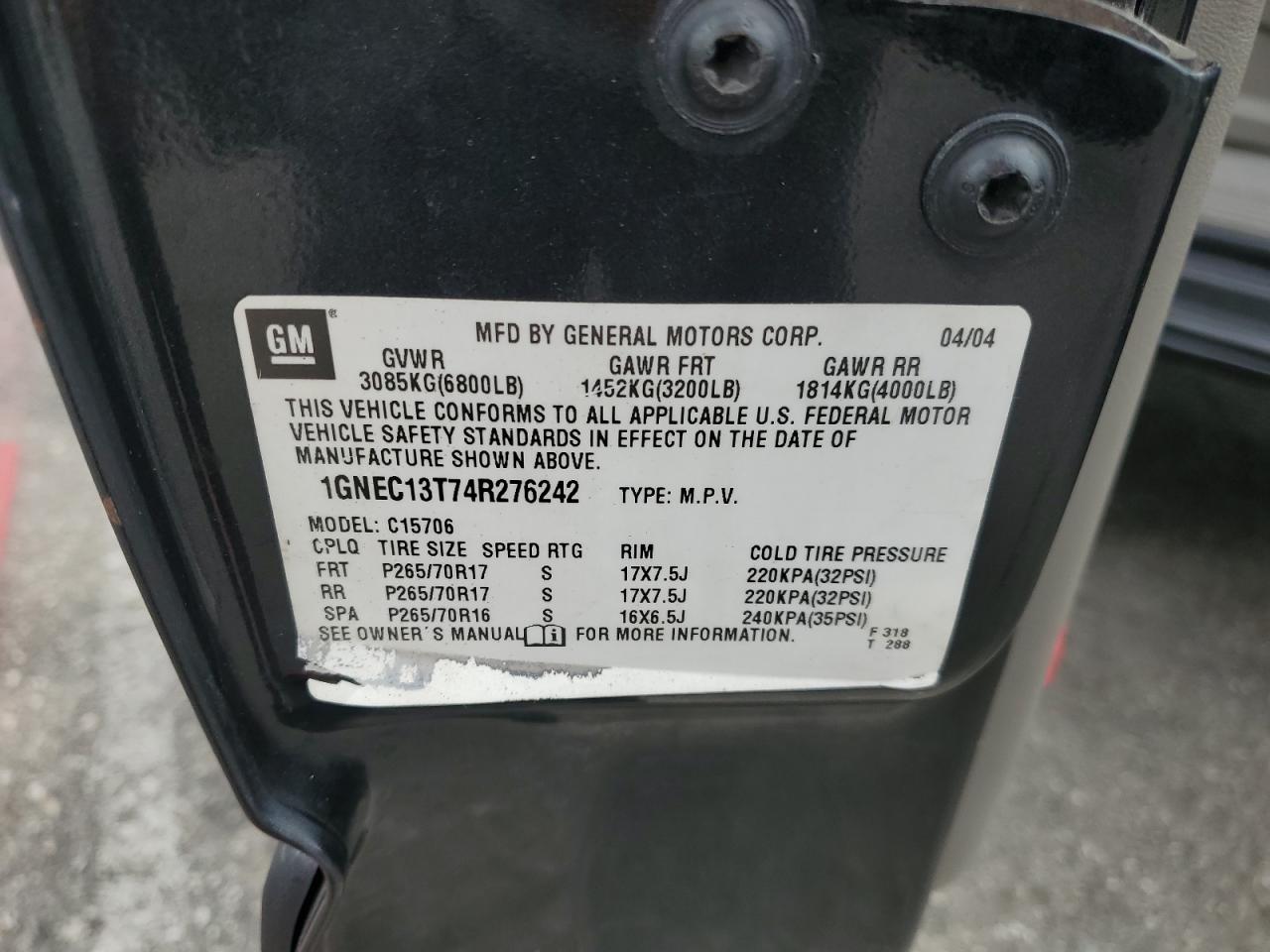 2004 Chevrolet Tahoe C1500 VIN: 1GNEC13T74R276242 Lot: 70556415