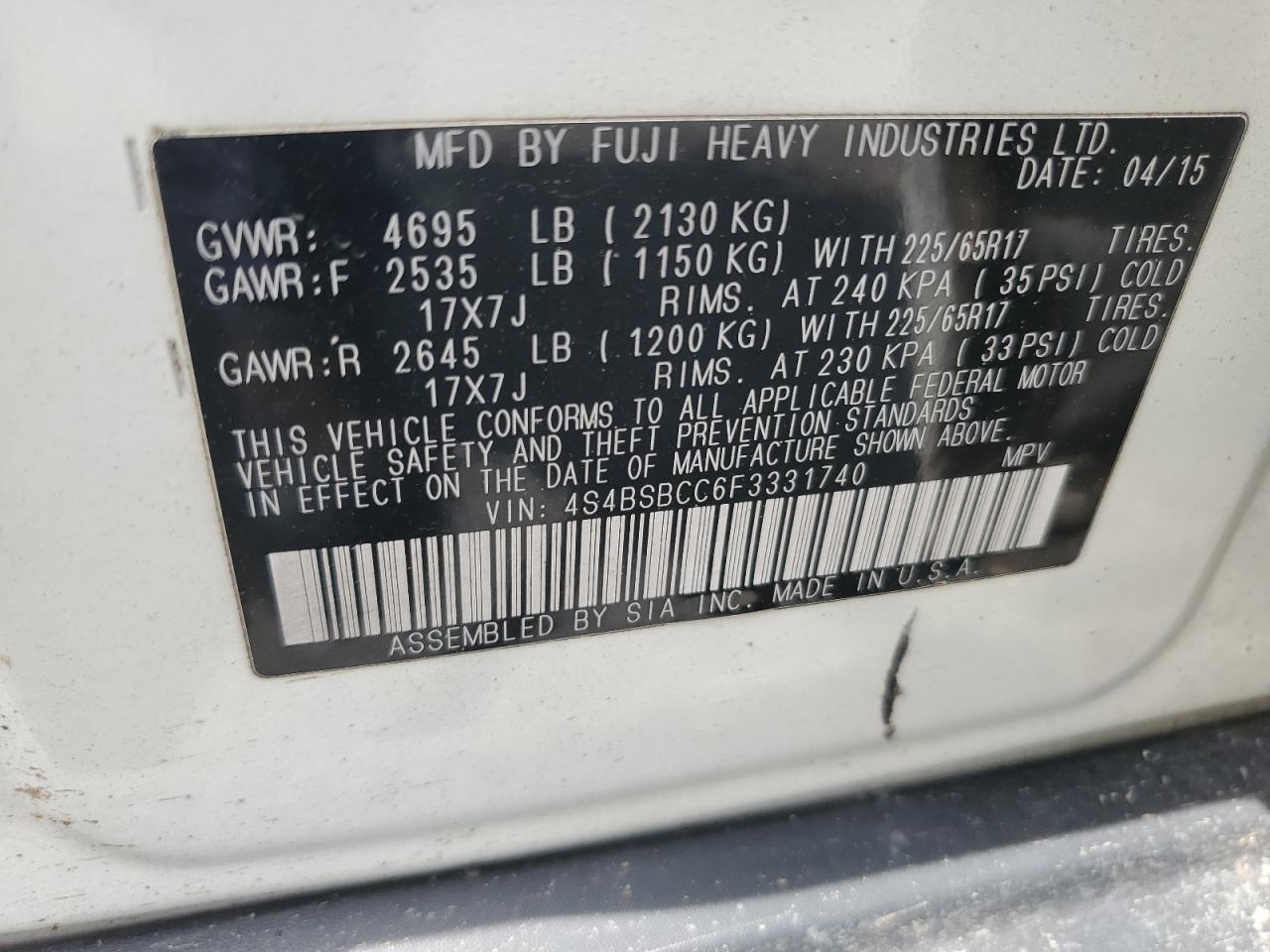 2015 Subaru Outback 2.5I Premium VIN: 4S4BSBCC6F3331740 Lot: 69057865