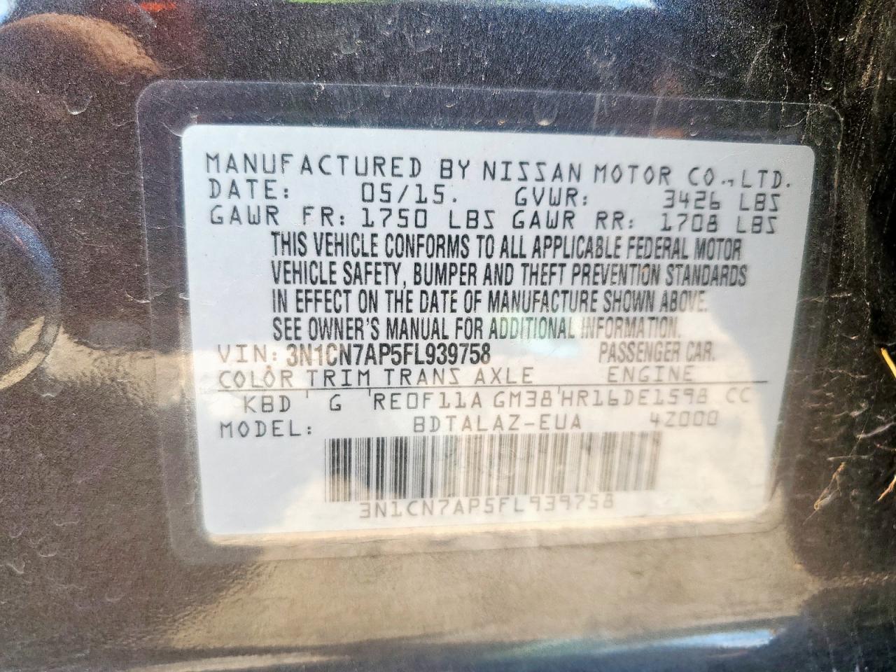 2015 Nissan Versa S VIN: 3N1CN7AP5FL939758 Lot: 69236805