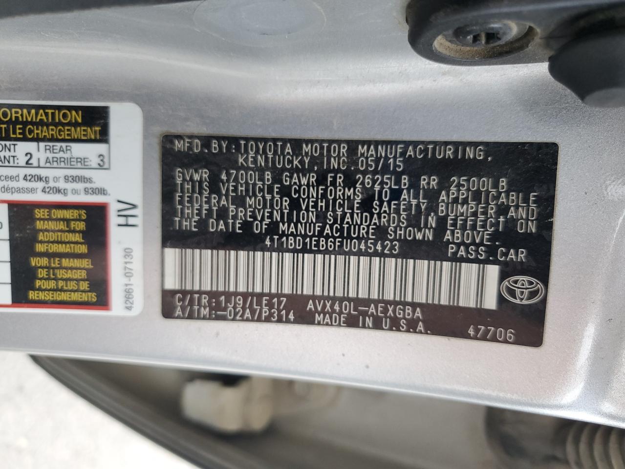 2015 Toyota Avalon Hybrid VIN: 4T1BD1EB6FU045423 Lot: 67430285