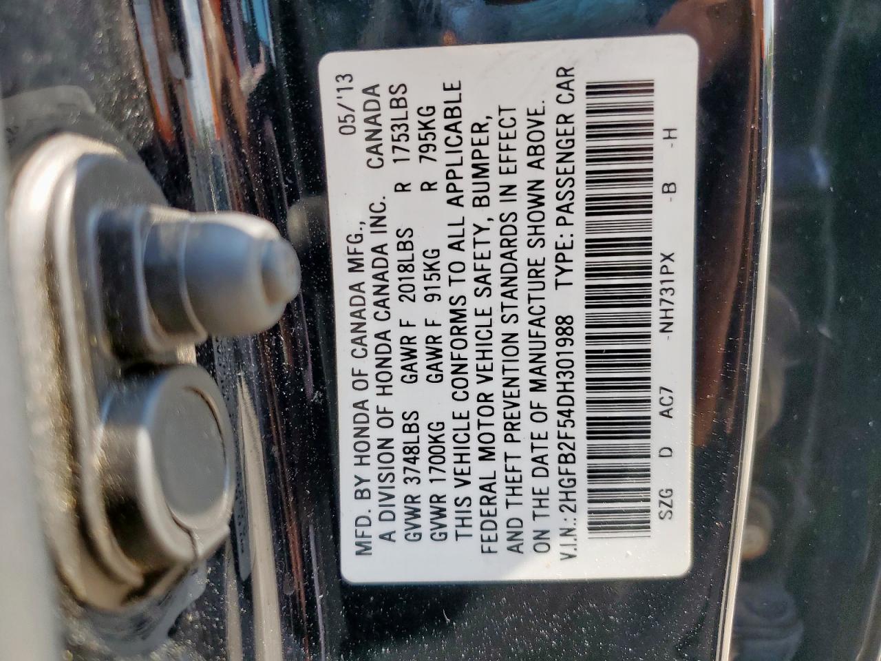 2013 Honda Civic Lx VIN: 2HGFB2F54DH301988 Lot: 70404125