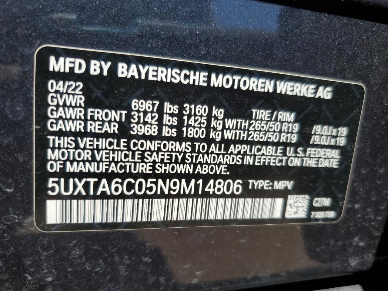 2022 BMW X5 xDrive45E VIN: 5UXTA6C05N9M14806 Lot: 68765845