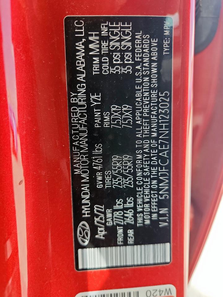 2022 Hyundai Tucson Sel VIN: 5NMJFCAE7NH123025 Lot: 69834205