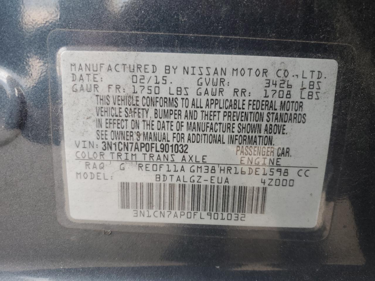 2015 Nissan Versa S VIN: 3N1CN7AP0FL901032 Lot: 69882445