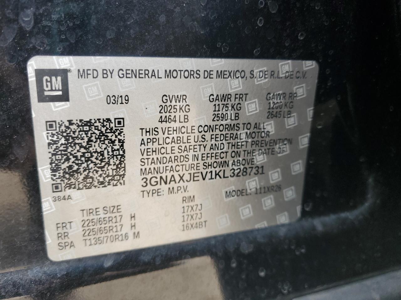 2019 Chevrolet Equinox Lt VIN: 3GNAXJEV1KL328731 Lot: 70602075