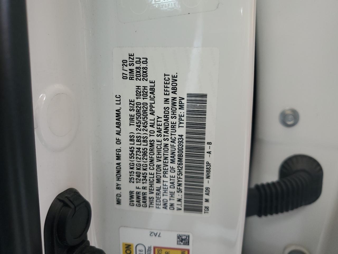 2021 Honda Pilot Se VIN: 5FNYF5H26MB003934 Lot: 68756805