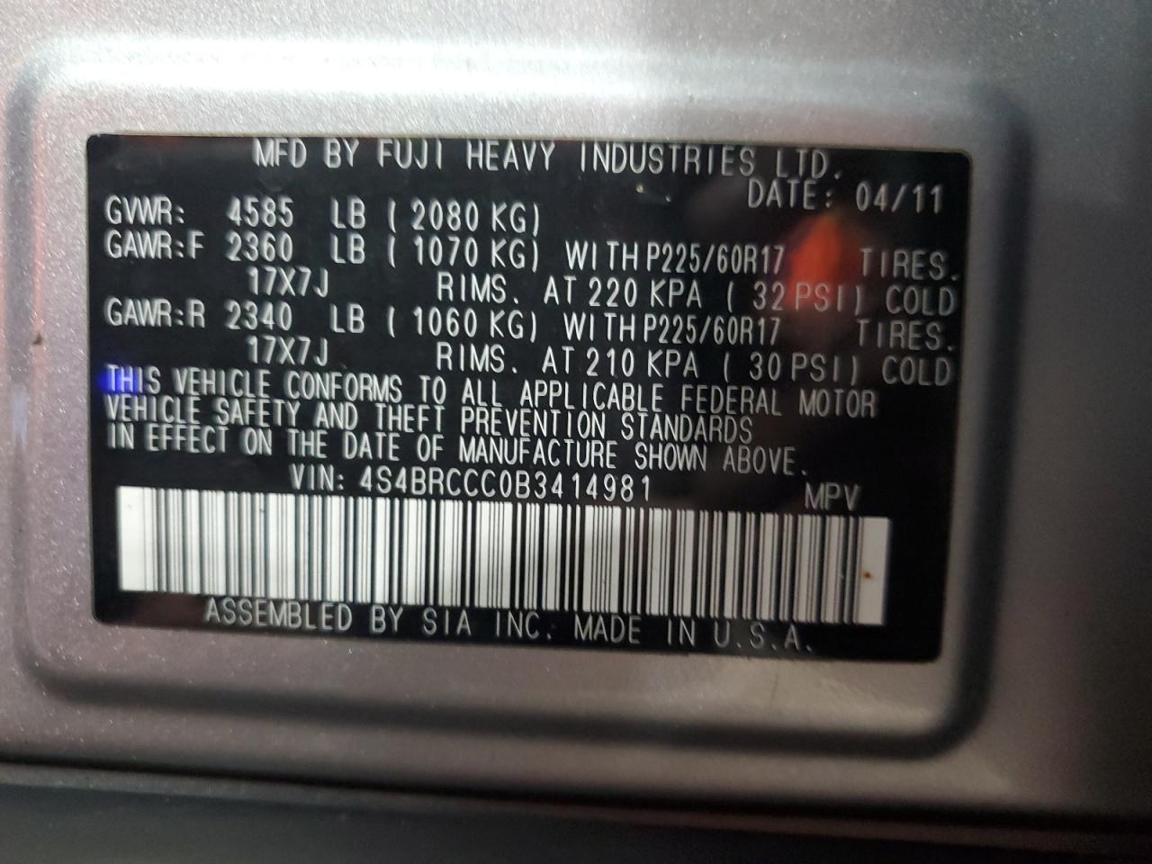 2011 Subaru Outback 2.5I Premium VIN: 4S4BRCCC0B3414981 Lot: 69810685