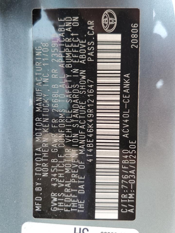 2009 Toyota Camry Base VIN: 4T4BE46K49R121647 Lot: 70146275