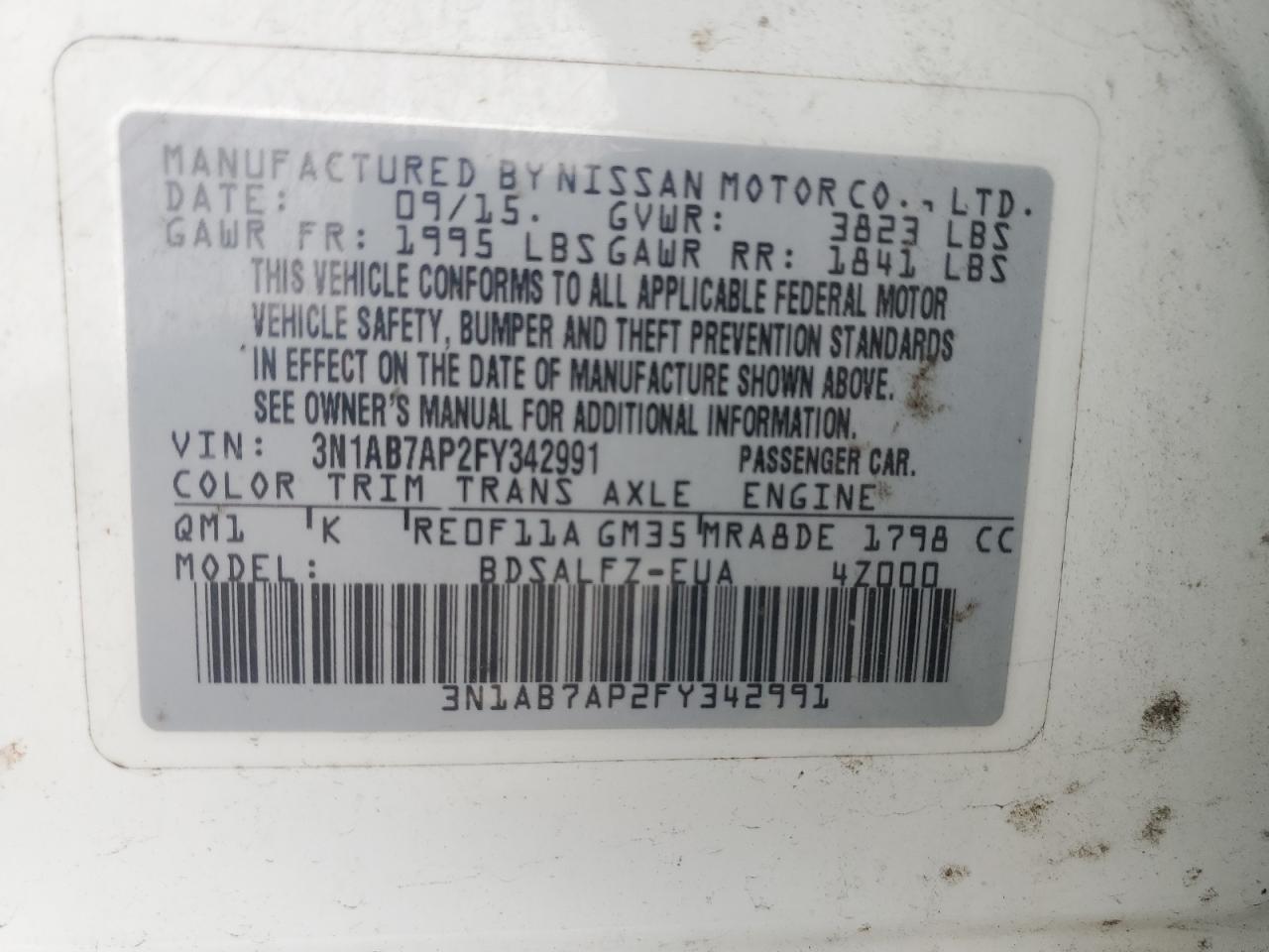 2015 Nissan Sentra S VIN: 3N1AB7AP2FY342991 Lot: 67598165