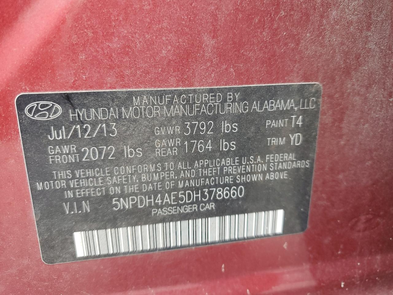 2013 Hyundai Elantra Gls VIN: 5NPDH4AE5DH378660 Lot: 69376085