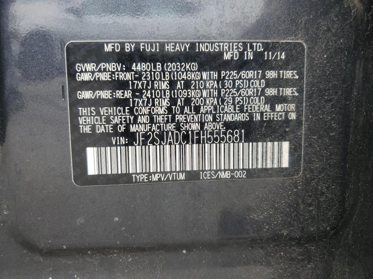 2015 Subaru Forester 2.5I Premium VIN: JF2SJADC1FH555681 Lot: 67082365