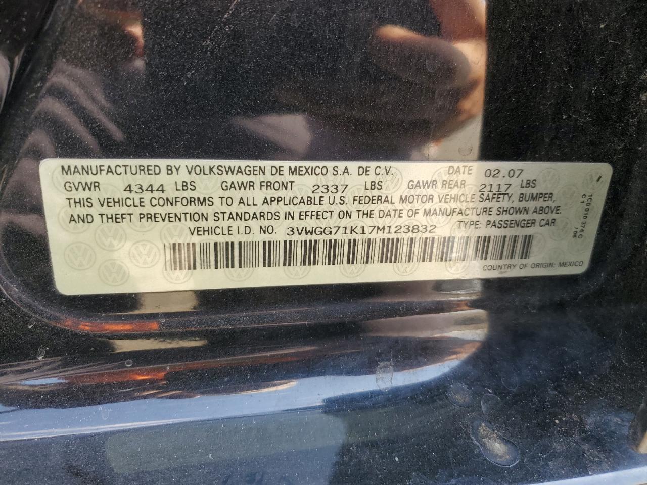 2007 Volkswagen Jetta VIN: 3VWGG71K17M123832 Lot: 70483545