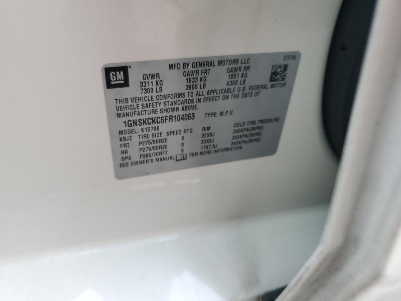 2015 Chevrolet Tahoe K1500 Ltz VIN: 1GNSKCKC6FR104063 Lot: 67675895