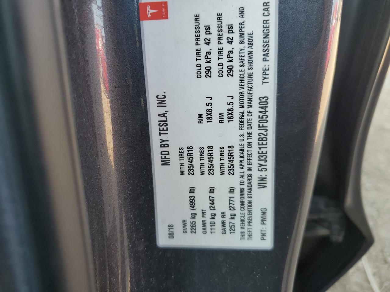 2018 Tesla Model 3 VIN: 5YJ3E1EB2JF054403 Lot: 68153735